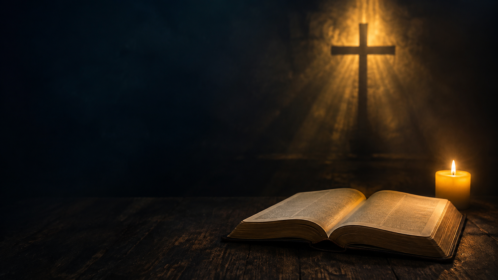 Biblia abierta, vela encendida y cruz iluminada para un momento de oración